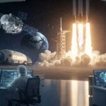 SpaceX Falcon 9 launch with Starship prototype and Starlink satellites orbiting Earth, symbolizing innovation and dominance in the aerospace industry