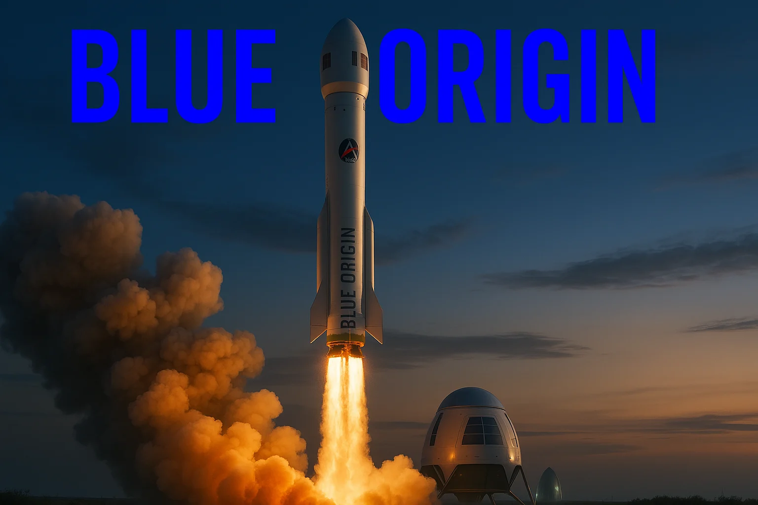 Blue Origin rocket launch at dawn with logo