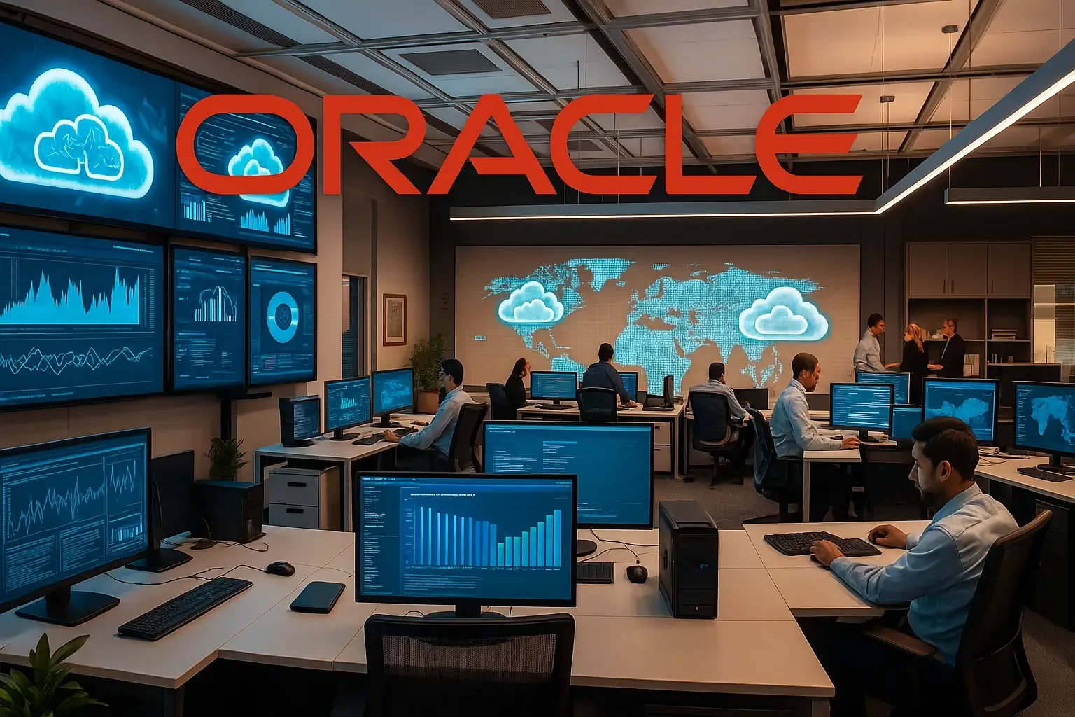 Oracle Corporation headquarters with cloud computing and AI technology
